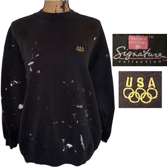 Vintage 90s Hanes Olympics Crewneck Sweatshirt Black Gold STAINED DISCOLORED - Picture 1 of 5